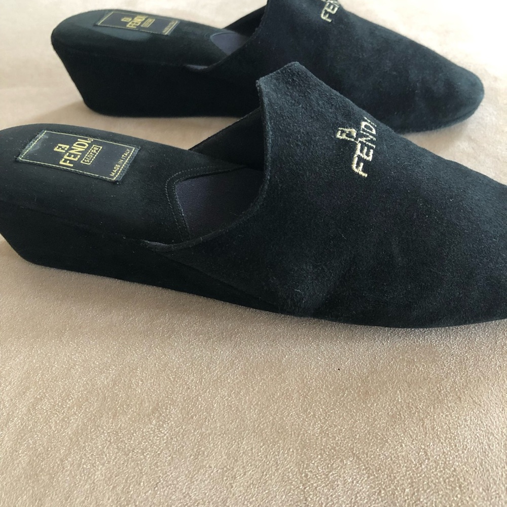 Fendi Black Suede Wedge Mules